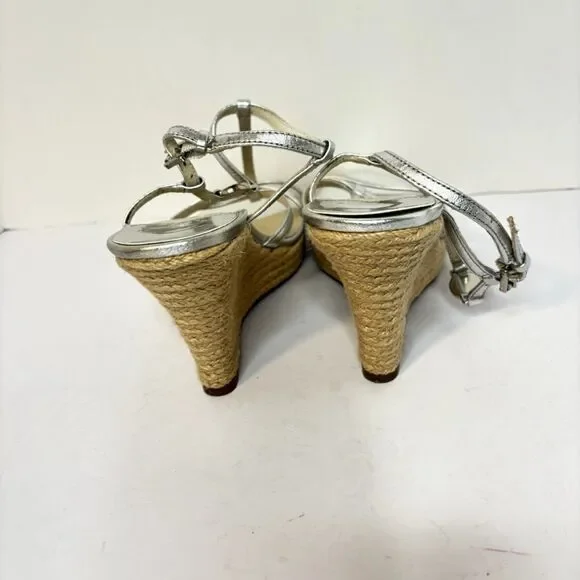 Michael Kors Metallic Espadrille Wedge Sandals Silver Strappy Womens - Picture 4 of 6